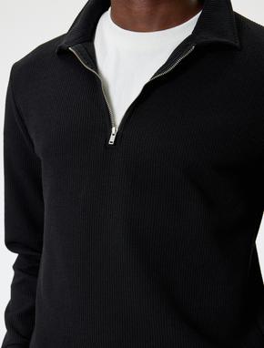 Polo Yaka Sweatshirt Yarım Fermuarlı Uzun Kollu Pamuk Karışımlı_4