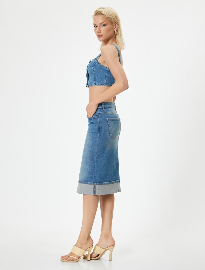  Koton X Melis Ağazat - Yüksek Bel Midi Kot Etek