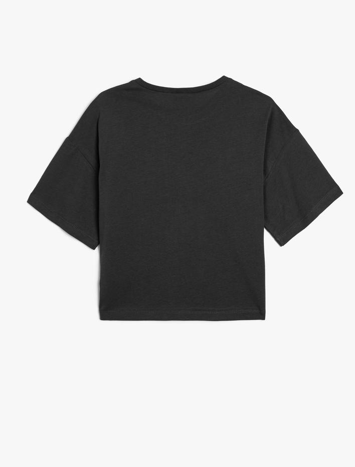 Kız Çocuk Crop Tişört Kısa Kollu Bisiklet Yaka Slogan Baskılı Pamuklu