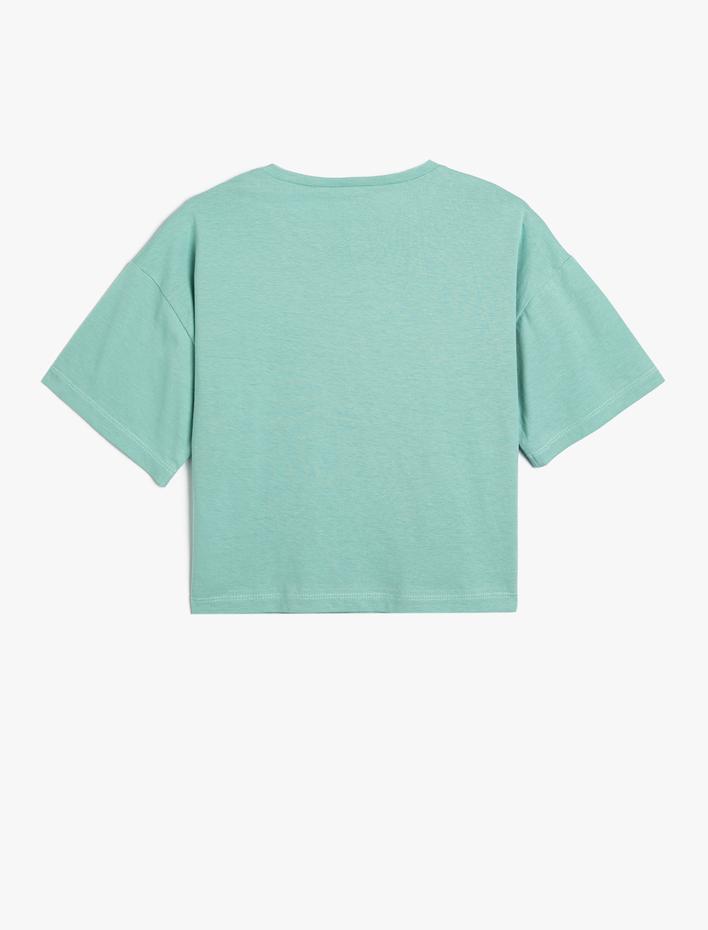 Kız Çocuk Crop Tişört Kısa Kollu Bisiklet Yaka Slogan Baskılı Pamuklu