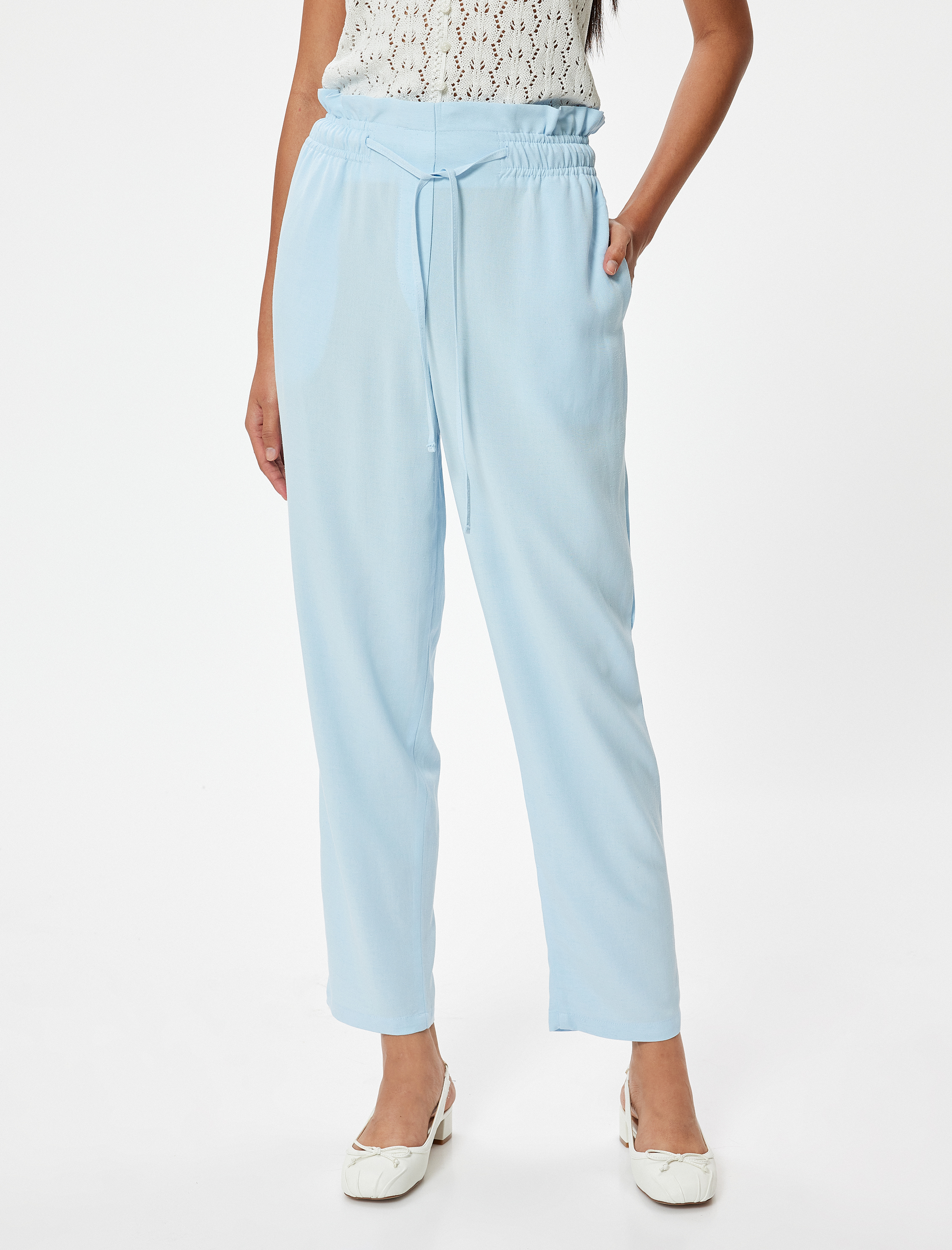   Koton X Sibil Çetinkaya - Keten Karışımlı Pantolon Beli Bağcıklı Cepli Havuç Kesim