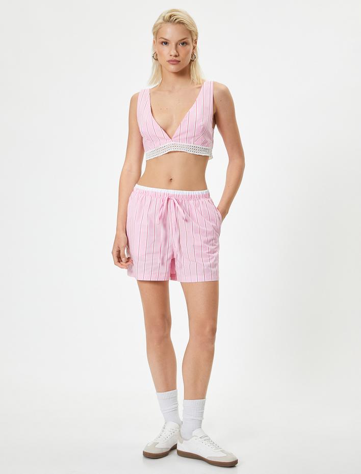  Koton X Sibil Çetinkaya -  Derin V Yaka Büstiyer Çizgili Dantel Detaylı Slim Fit