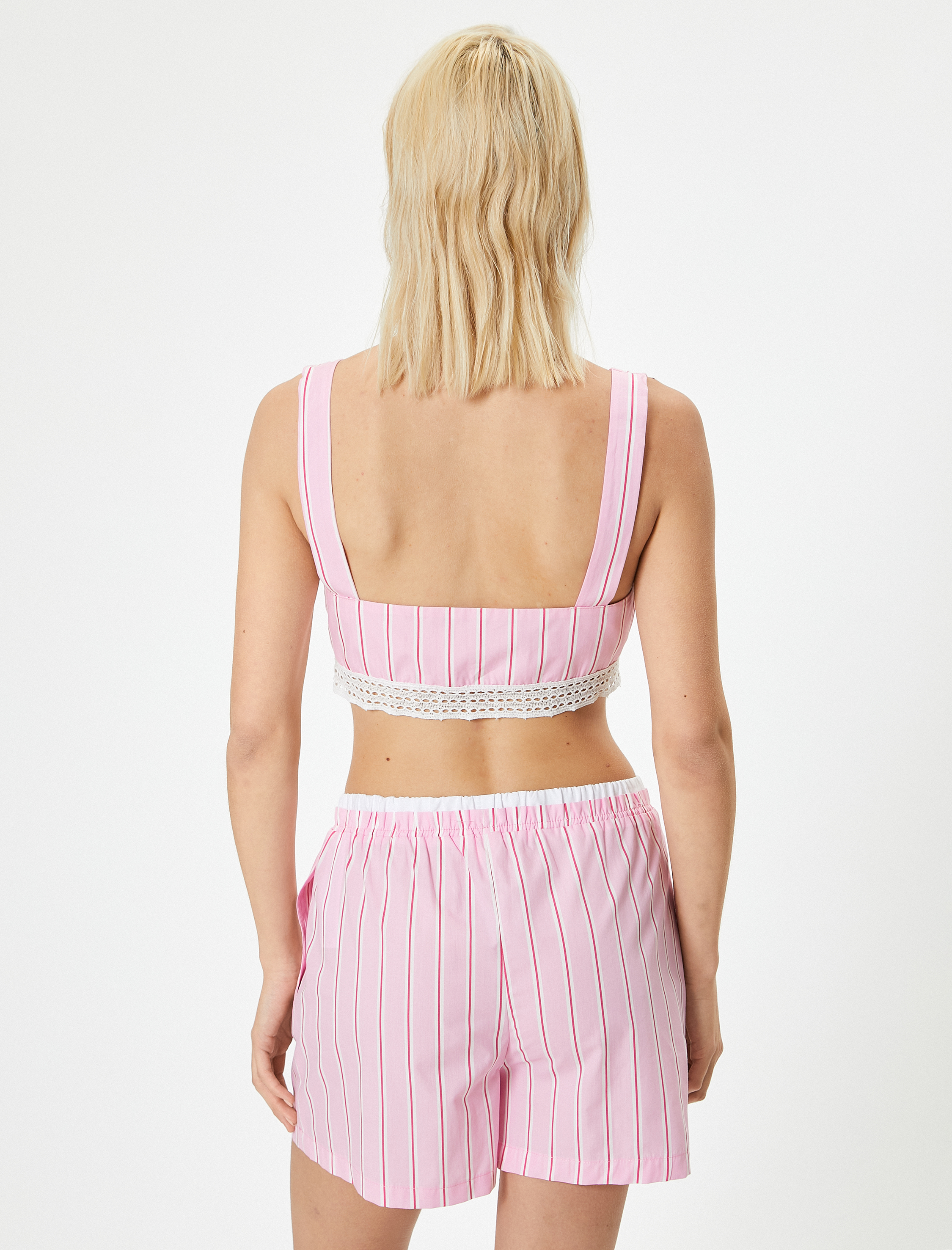   Koton X Sibil Çetinkaya -  Derin V Yaka Büstiyer Çizgili Dantel Detaylı Slim Fit