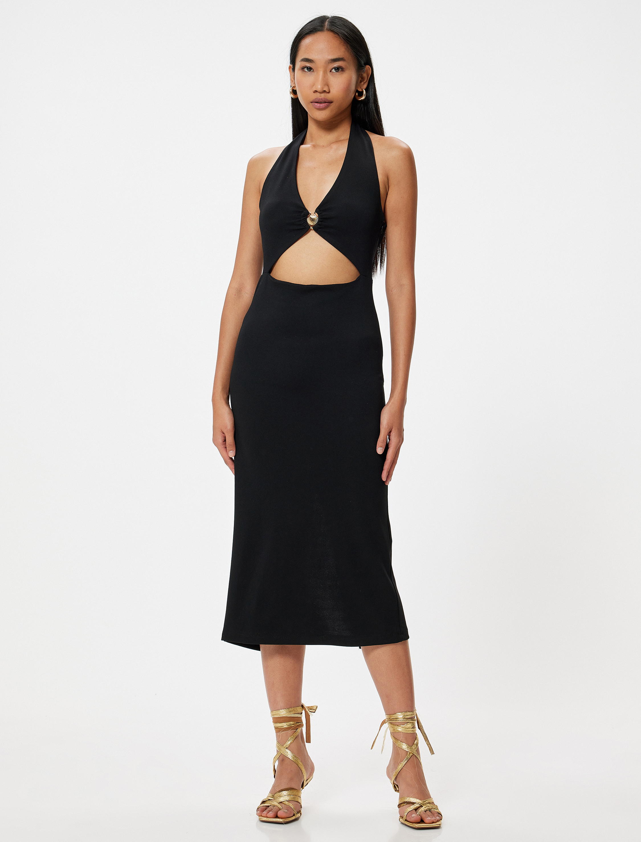 Koton X Sibil Çetinkaya - Midi Halter Yaka Elbise Pencere Detaylı Deniz Kabuğu Detaylı Yırtmaçlı