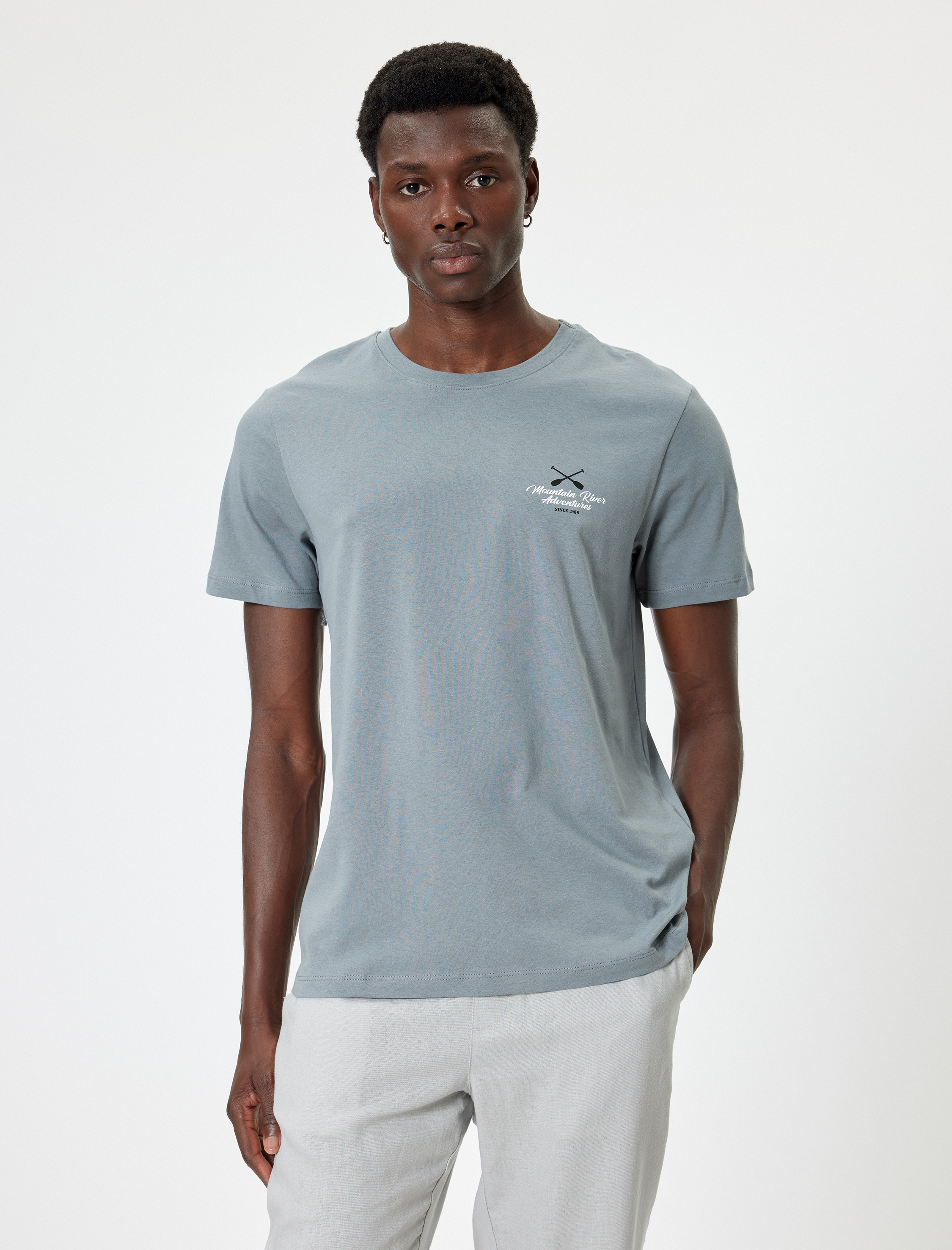   Slim Fit Tişört Slogan Baskılı Kısa Kollu Bisiklet Yaka Pamuklu