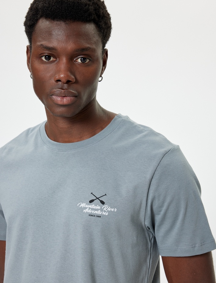  Slim Fit Tişört Slogan Baskılı Kısa Kollu Bisiklet Yaka Pamuklu