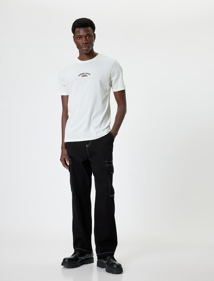  Slogan Baskılı Pamuklu Kısa Kollu Bisiklet Yaka Slim Fit Tişört