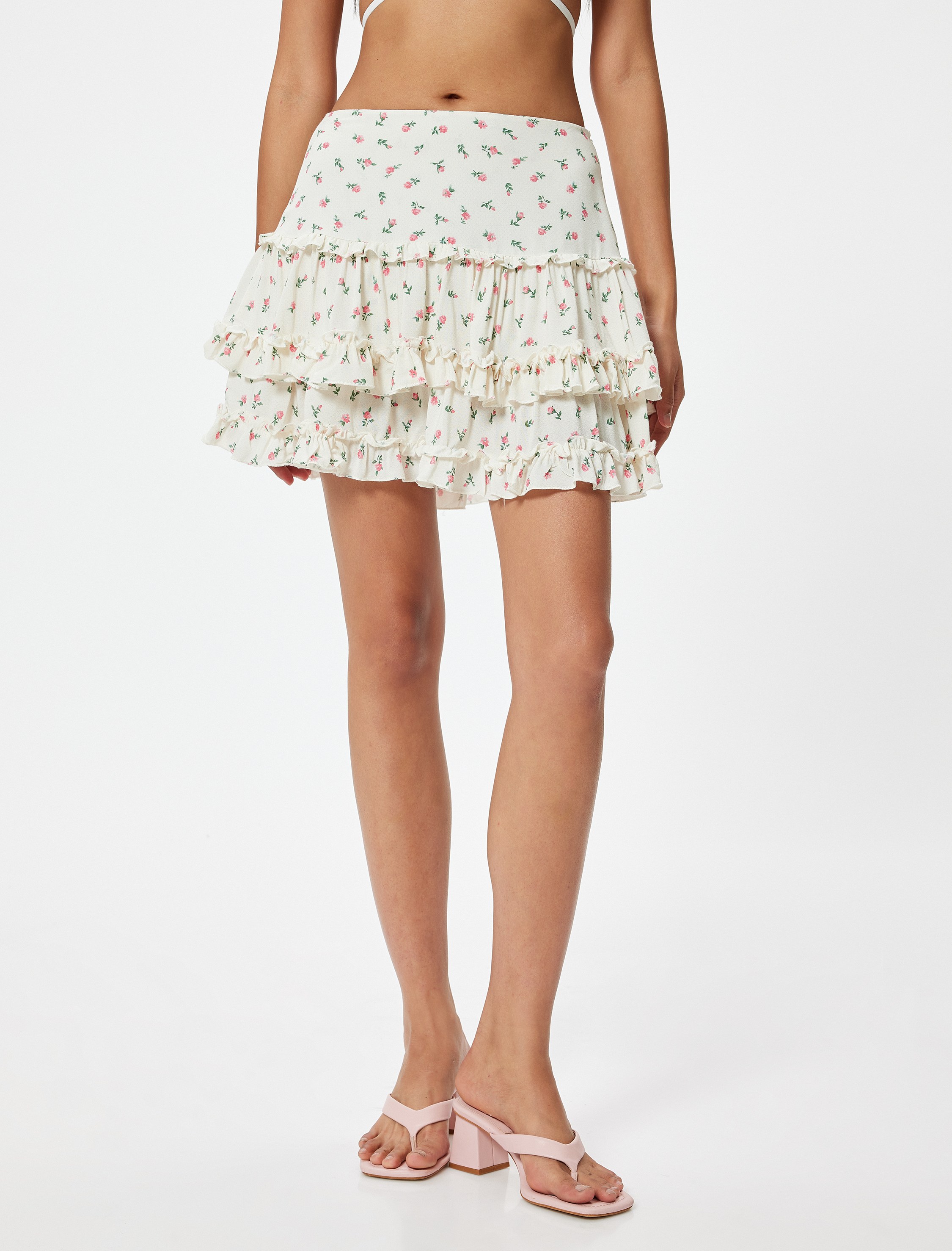   Fırfırlı Çiçekli Mini Etek Viskoz Kumaş