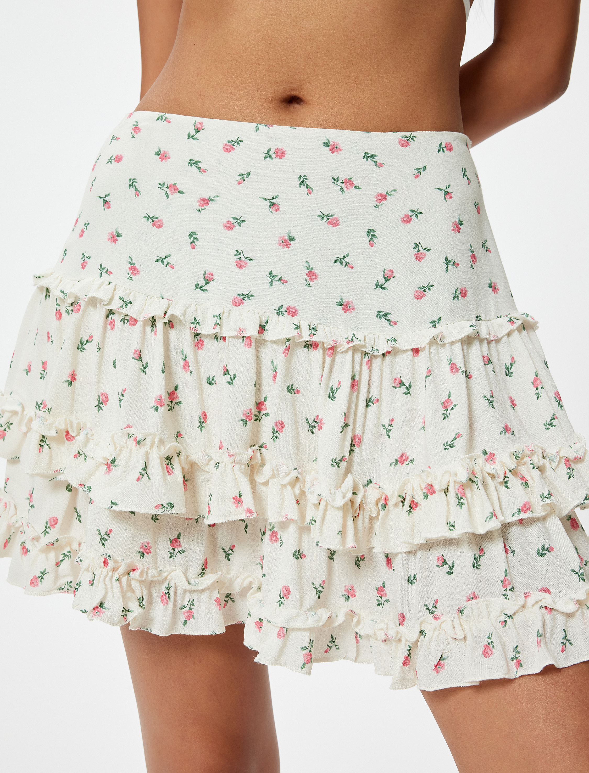   Fırfırlı Çiçekli Mini Etek Viskoz Kumaş