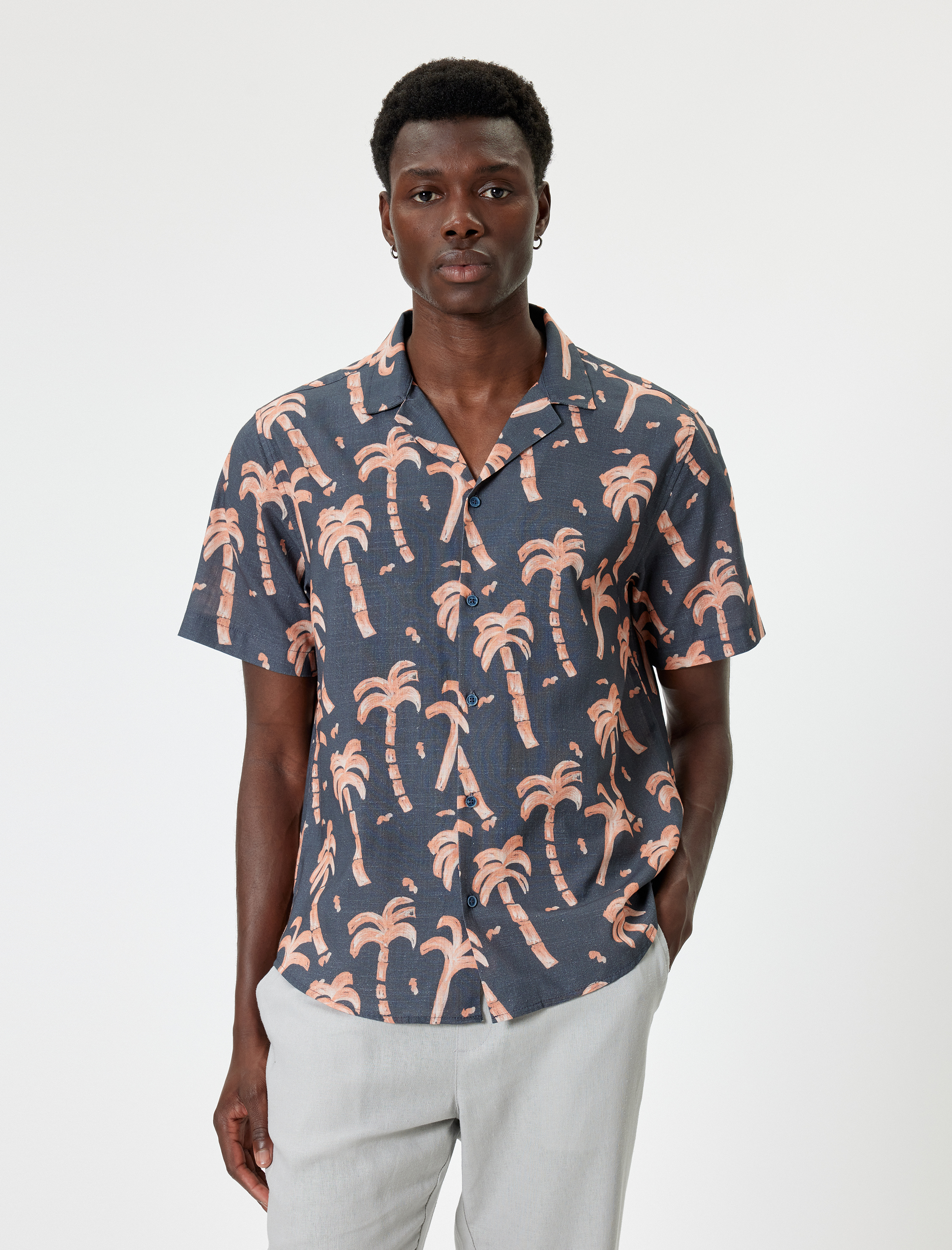   Palmiye Desenli Gömlek Kısa Kollu Pamuklu Regular Fit