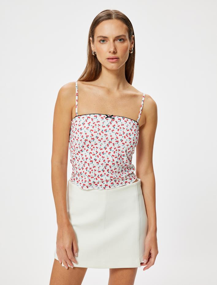  Kiraz Baskılı Atlet İnce Askılı Fiyonk Detaylı Slim Fit