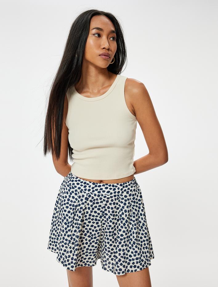  Çiçekli Pileli Şort Etek Yüksek Bel Viskon Kumaş