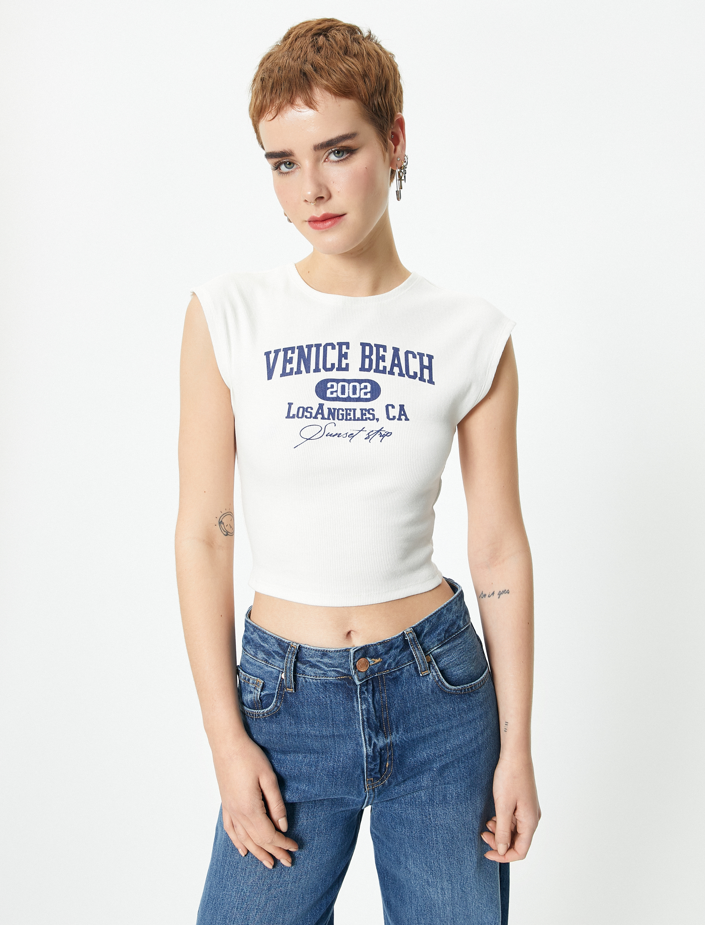   Kolsuz Crop Tişört Baskılı Slim Fit Pamuklu