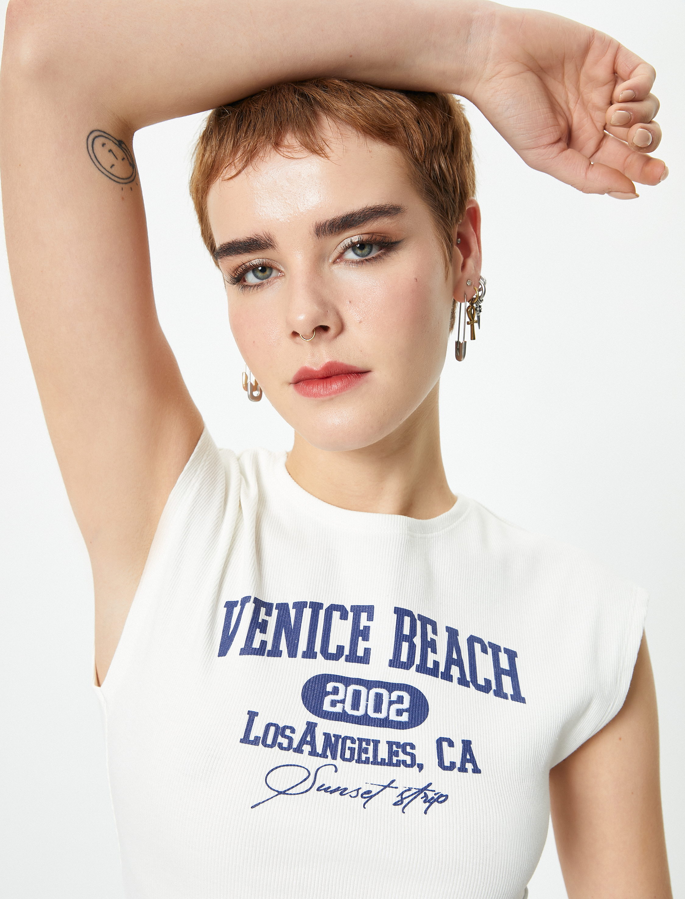   Kolsuz Crop Tişört Baskılı Slim Fit Pamuklu