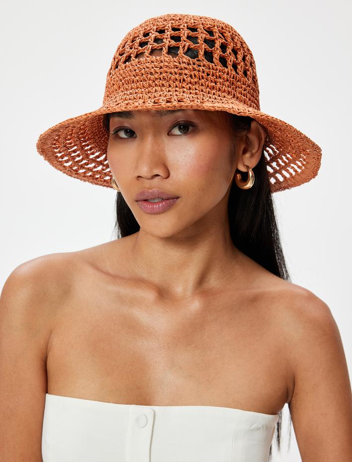 Kadın Bucket Hasır Şapka Dokulu - Koton X Sibil Çetinkaya