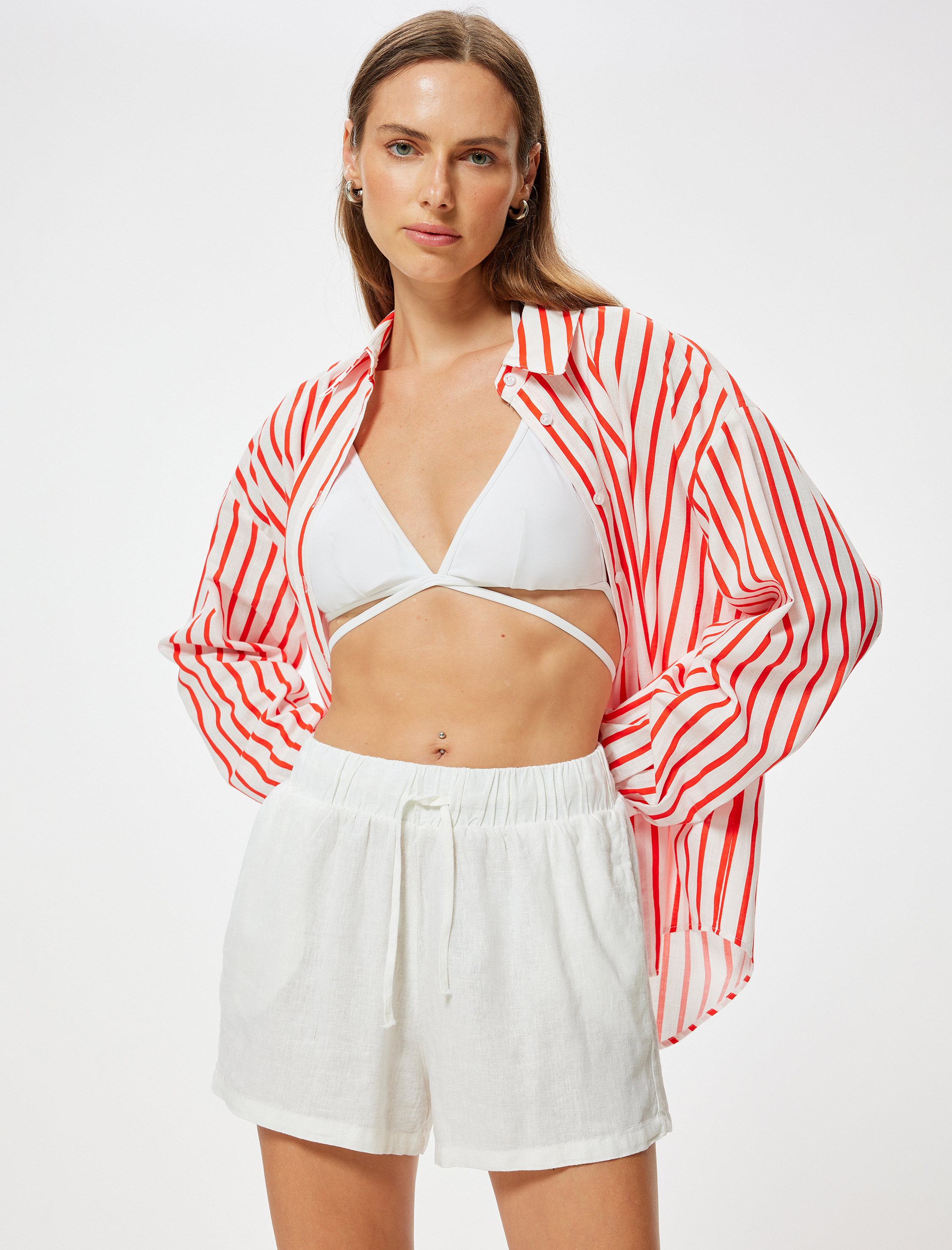   Mini Keten Şort Beli Bağlamalı Cepli Rahat Kalıp