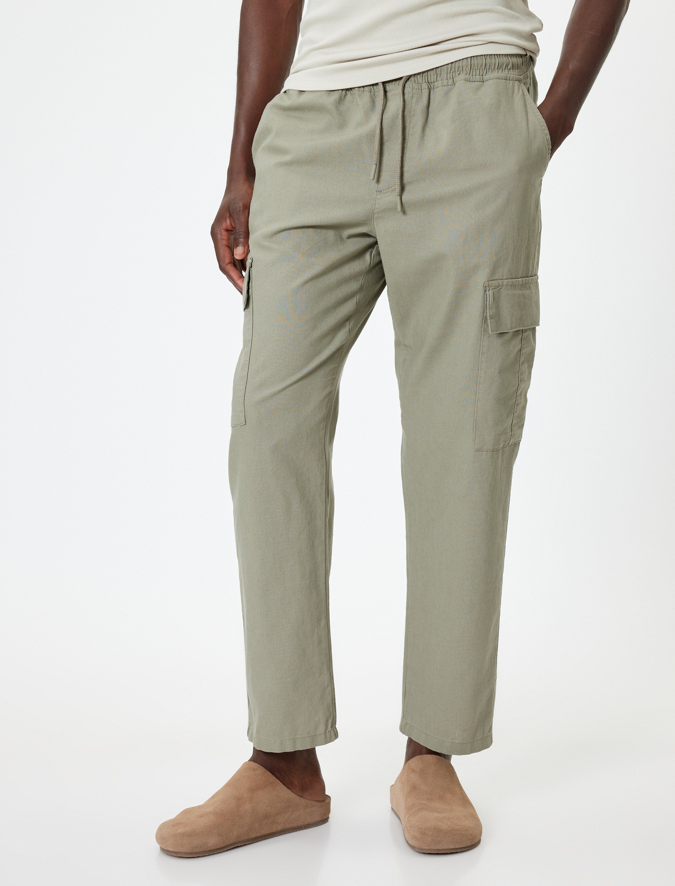   Keten Kargo Pantolon Beli Bağcıklı