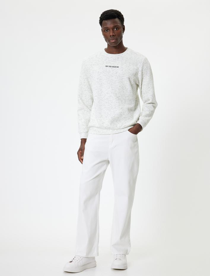  Slogan İşlemeli Sweatshirt Basic Dokulu Bisiklet Yaka Uzun Kollu