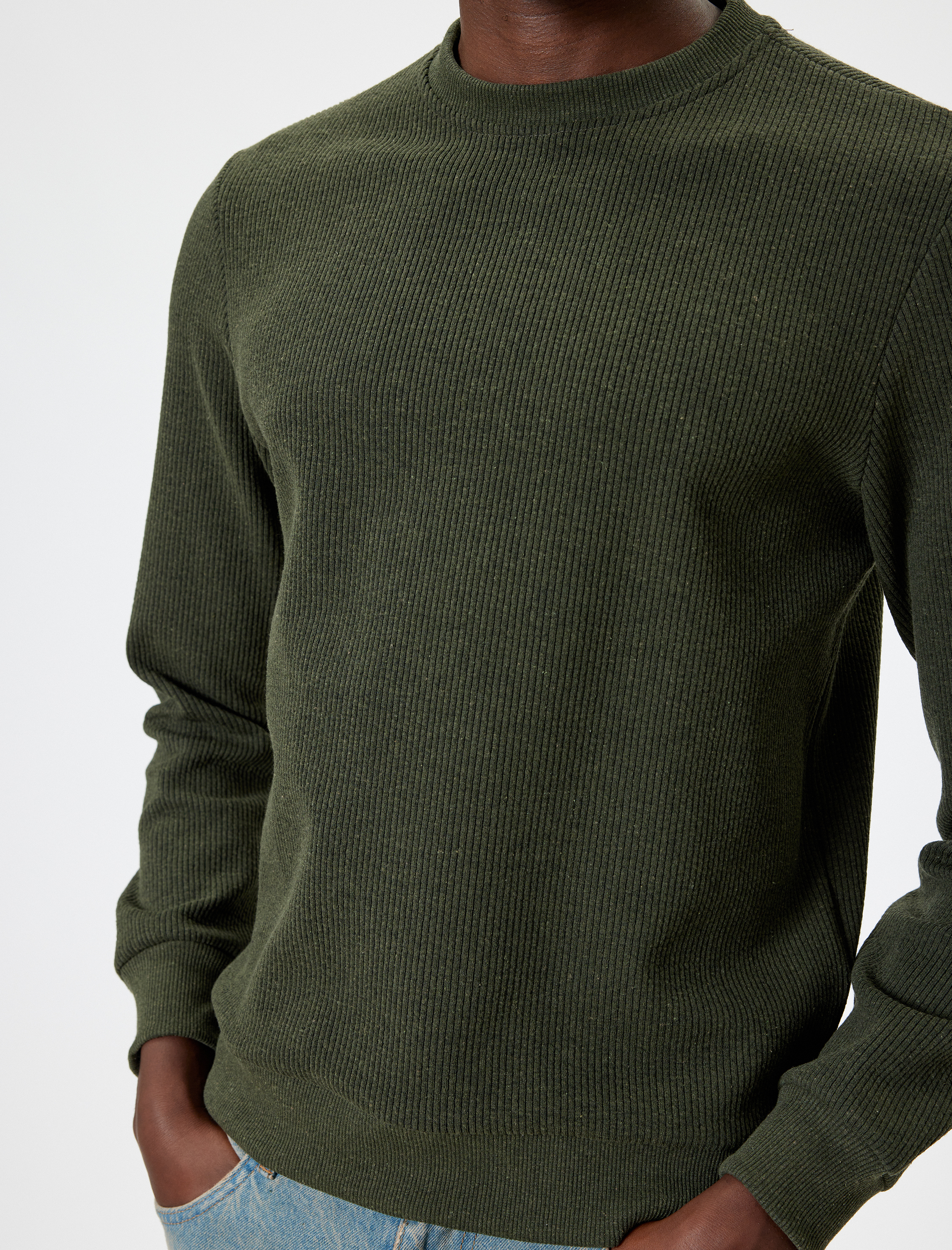   Bisiklet Yaka Dokulu Pamuk Karışımlı Uzun Kollu Basic Sweatshirt