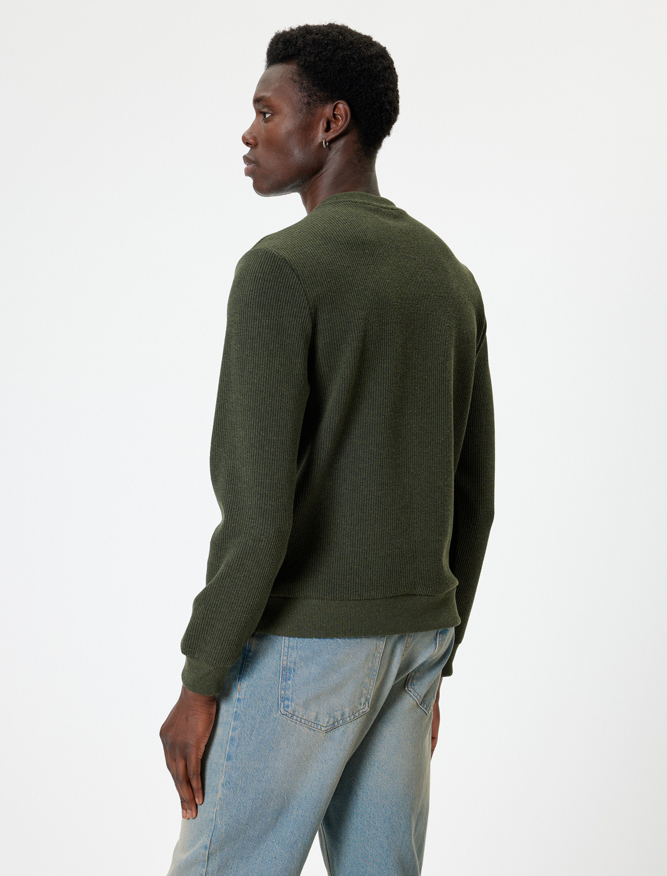   Bisiklet Yaka Dokulu Pamuk Karışımlı Uzun Kollu Basic Sweatshirt