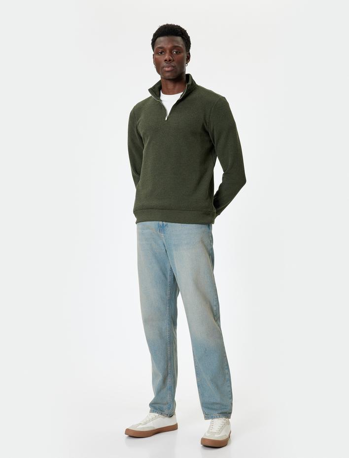  Yarım Fermuarlı Dokulu Pamuk Karışımlı Basic Uzun Kollu Sweatshirt