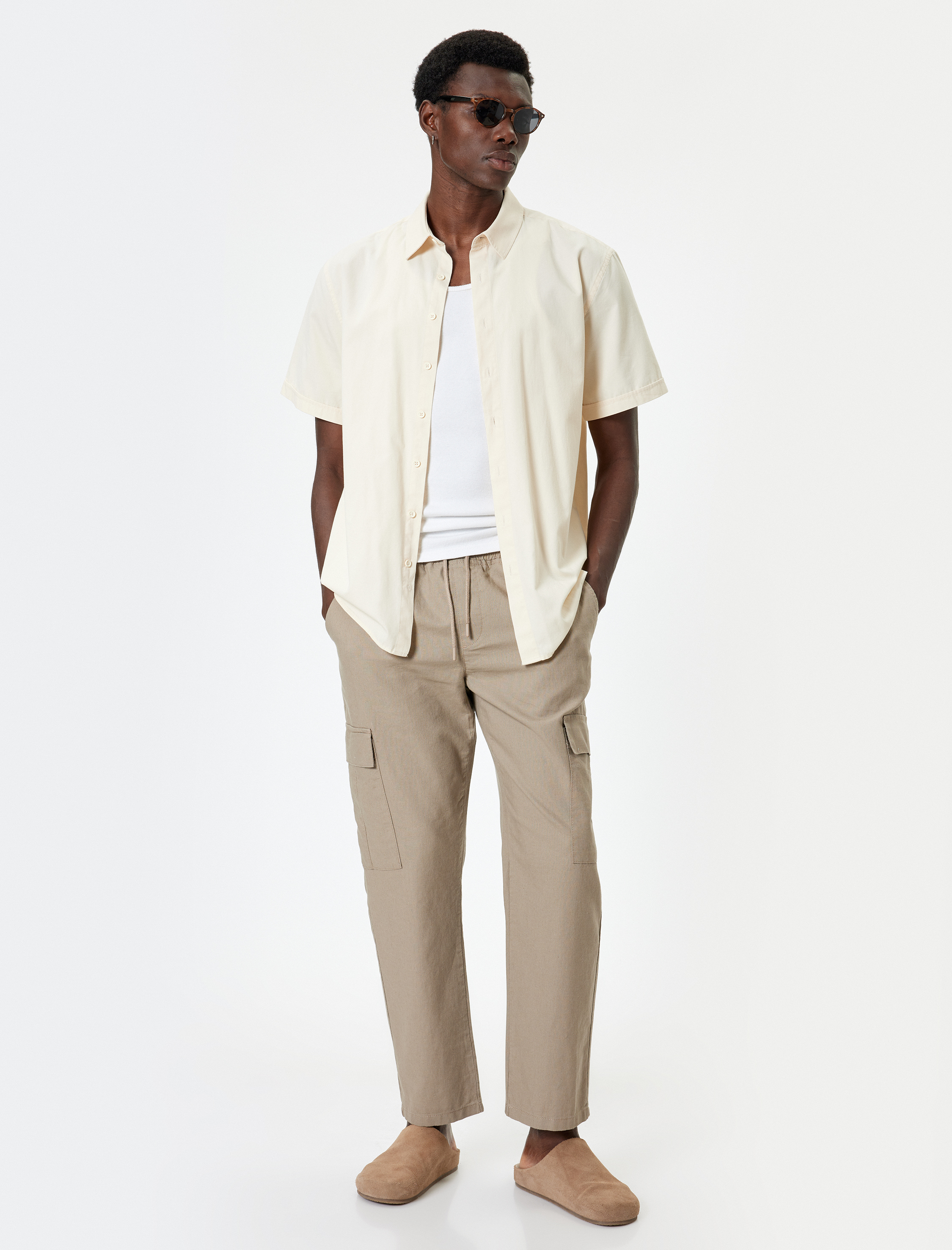   Keten Kargo Pantolon Beli Bağcıklı