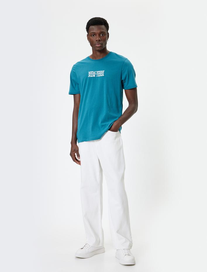  Slogan Baskılı Pamuklu Kısa Kollu Bisiklet Yaka Tişört