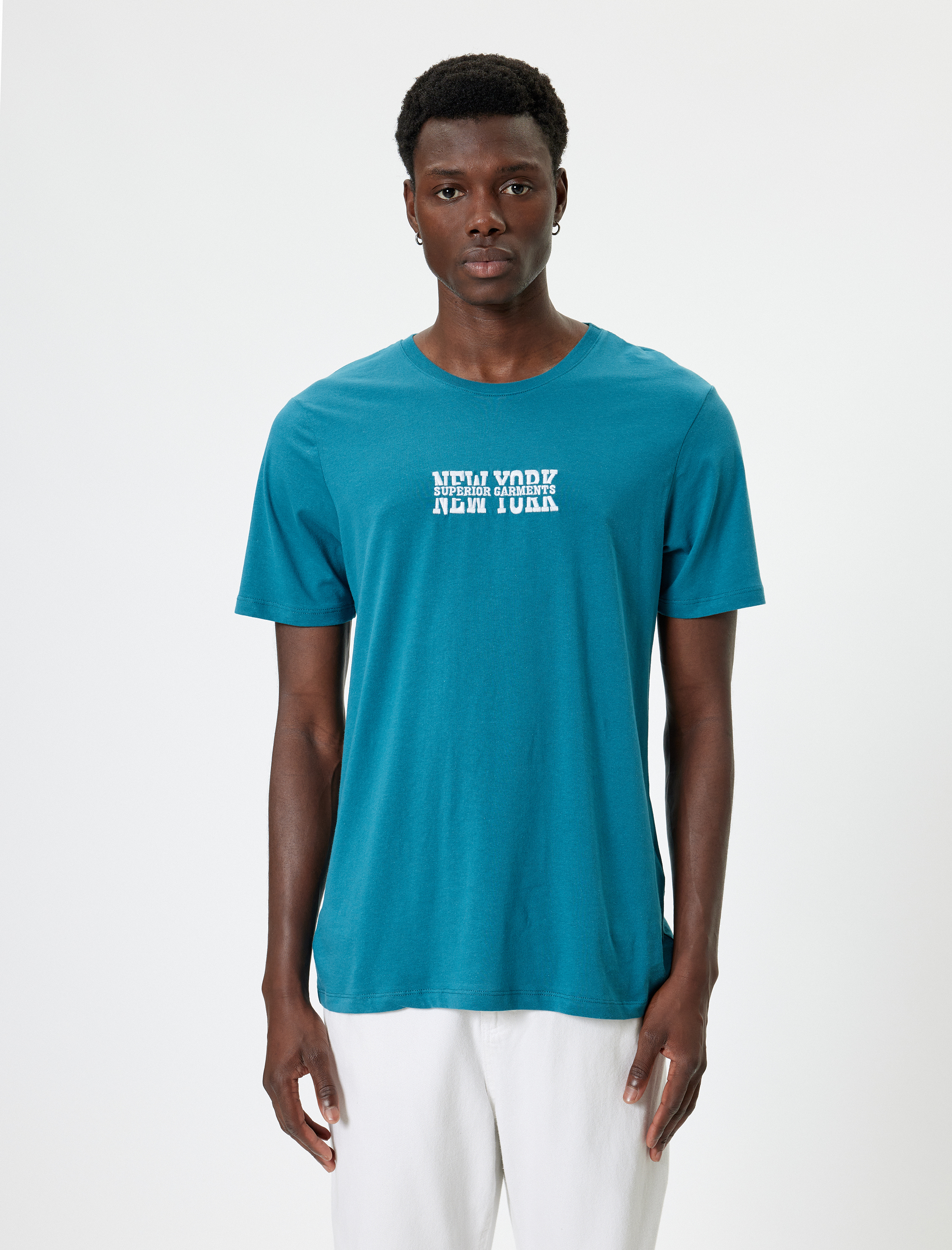   Slogan Baskılı Pamuklu Kısa Kollu Bisiklet Yaka Tişört