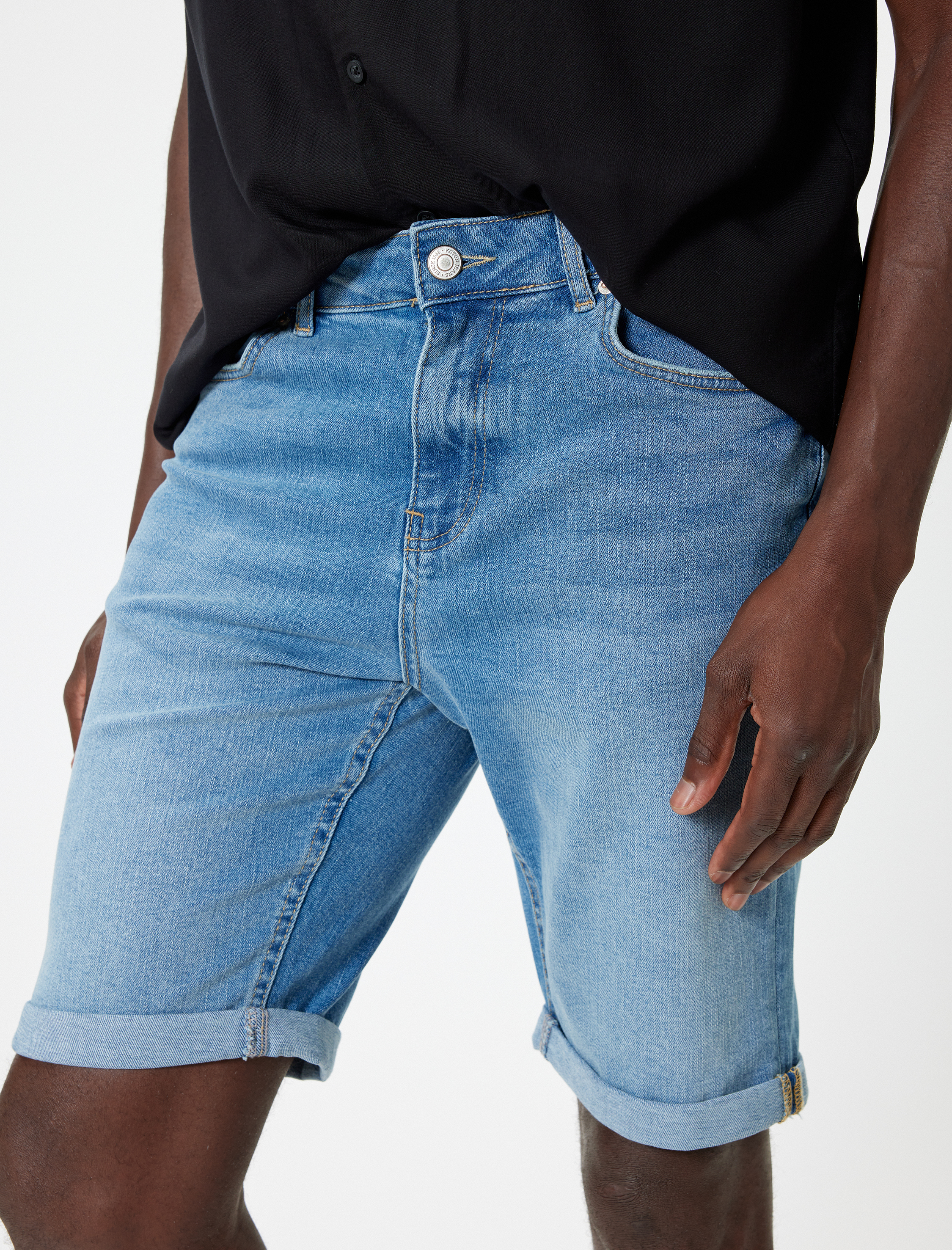   Slim Fit Kot Şort Bermuda Düğmeli Cep Detaylı