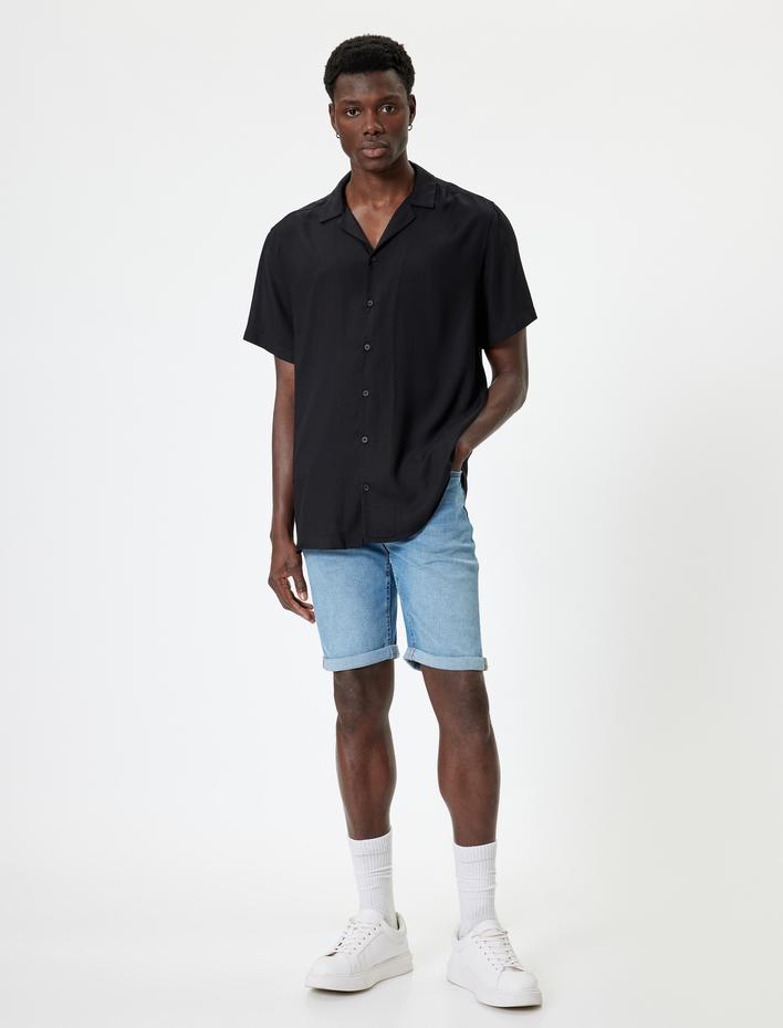  Slim Fit Kot Şort Bermuda Düğmeli Cep Detaylı