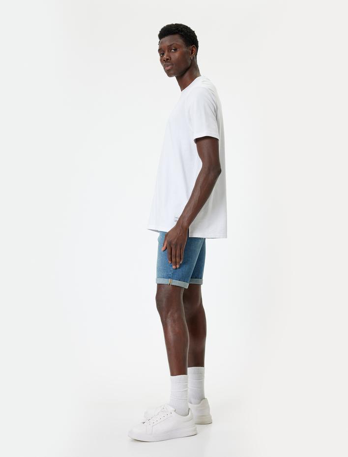  Slim Fit Kot Şort Bermuda Düğmeli Cep Detaylı