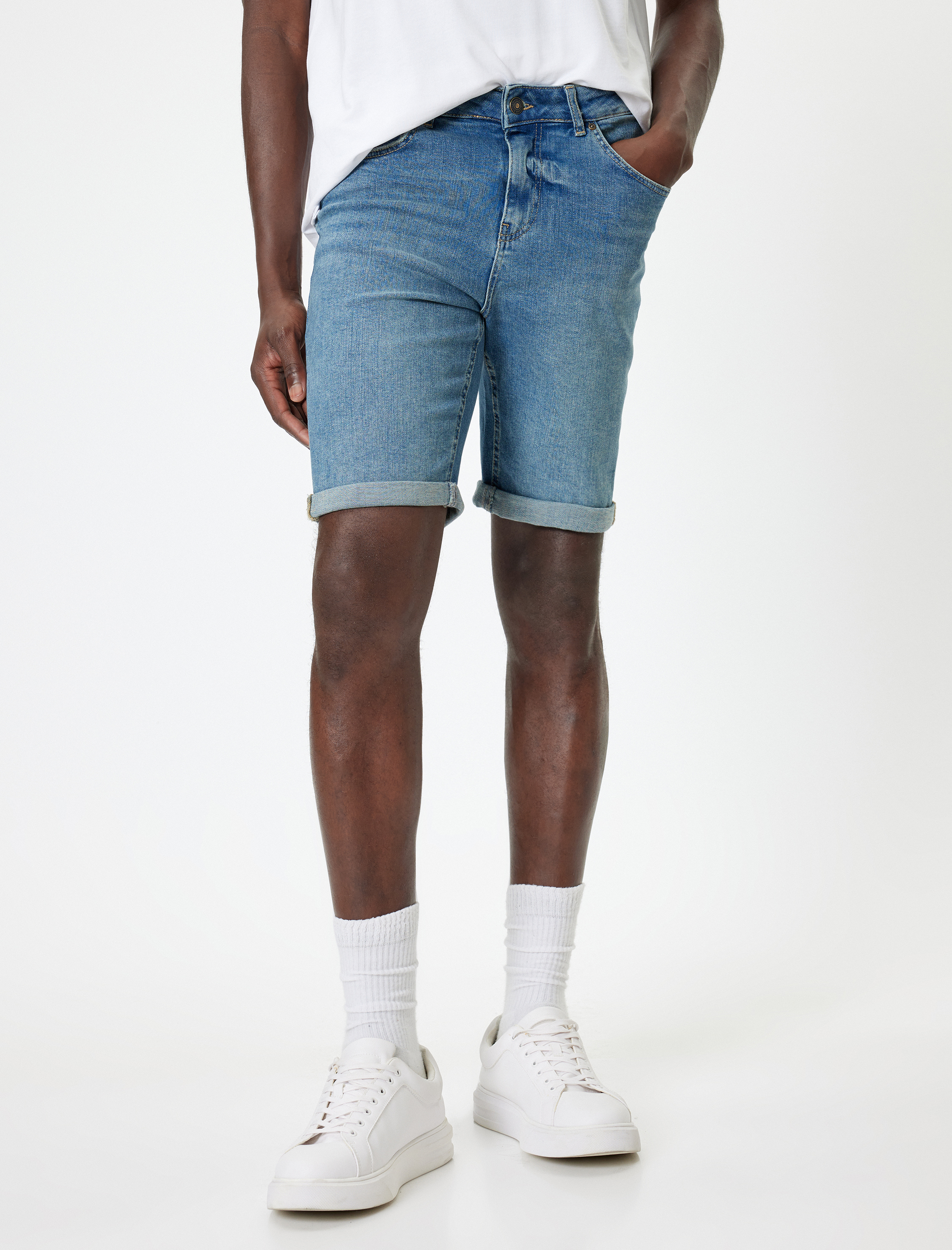   Slim Fit Kot Şort Bermuda Düğmeli Cep Detaylı