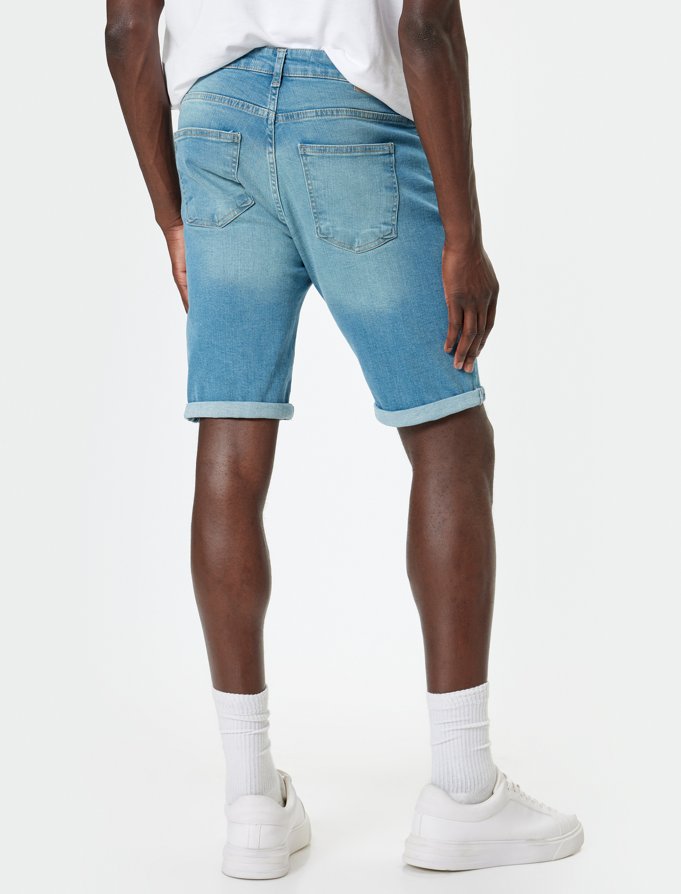 Slim Fit Kot Şort Bermuda Katlamalı Paça Cep Detaylı Pamuklu