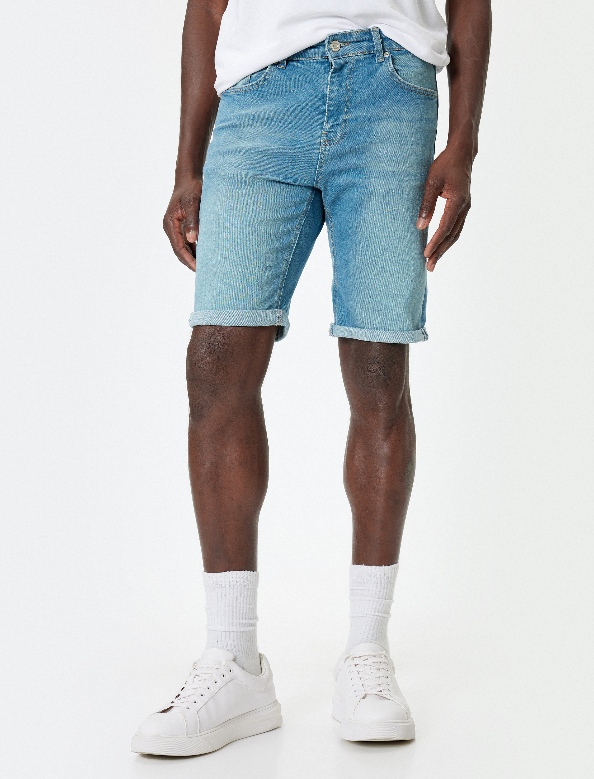 Slim Fit Kot Şort Bermuda Katlamalı Paça Cep Detaylı Pamuklu