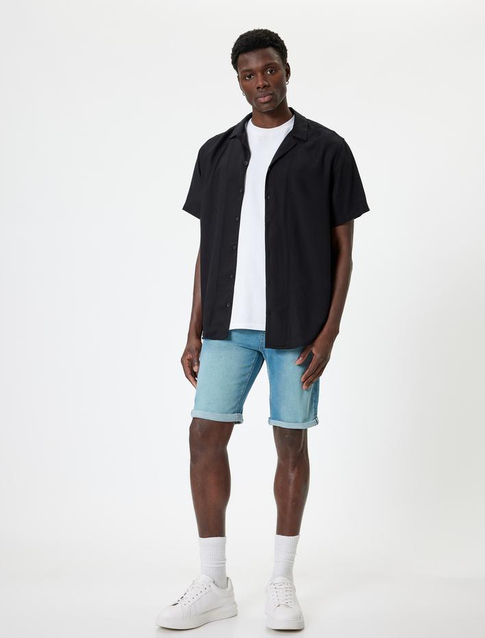  Slim Fit Kot Şort Bermuda Katlamalı Paça Cep Detaylı Pamuklu