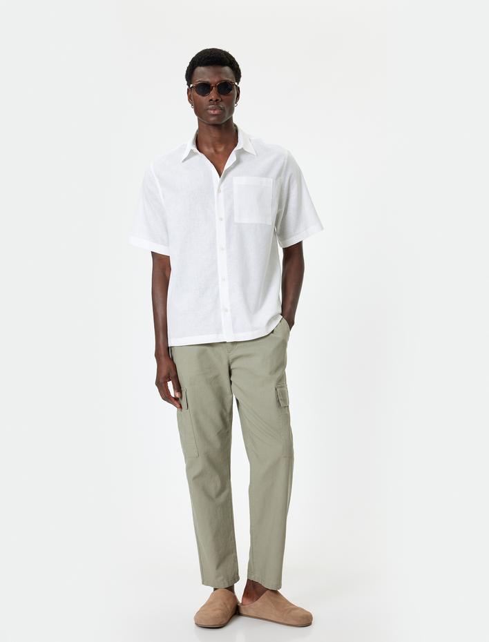  Pamuk Keten Karışımlı Gömlek Basic Kısa Kollu Cep Detaylı Regular Fit