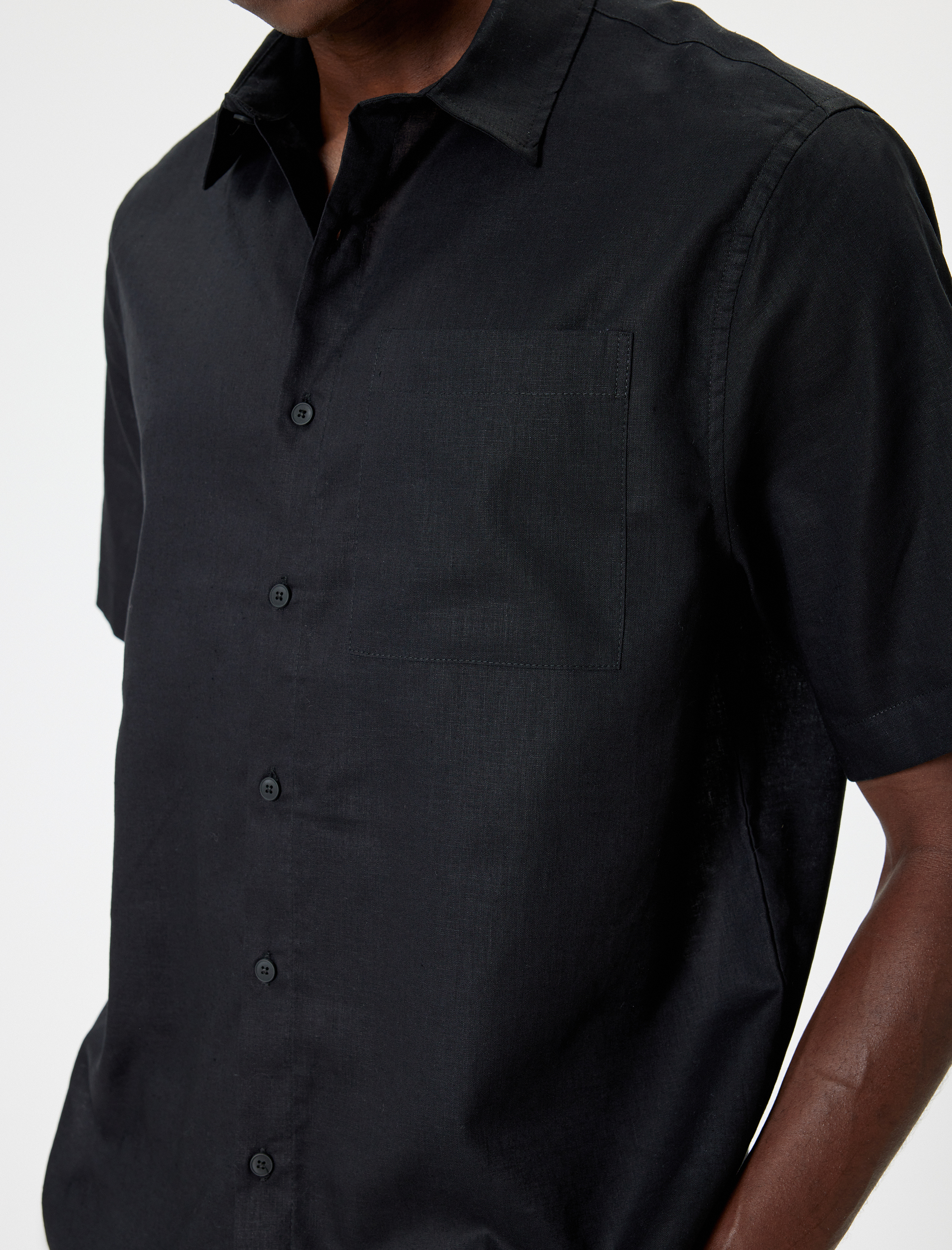   Pamuk Keten Karışımlı Gömlek Basic Kısa Kollu Cep Detaylı Regular Fit