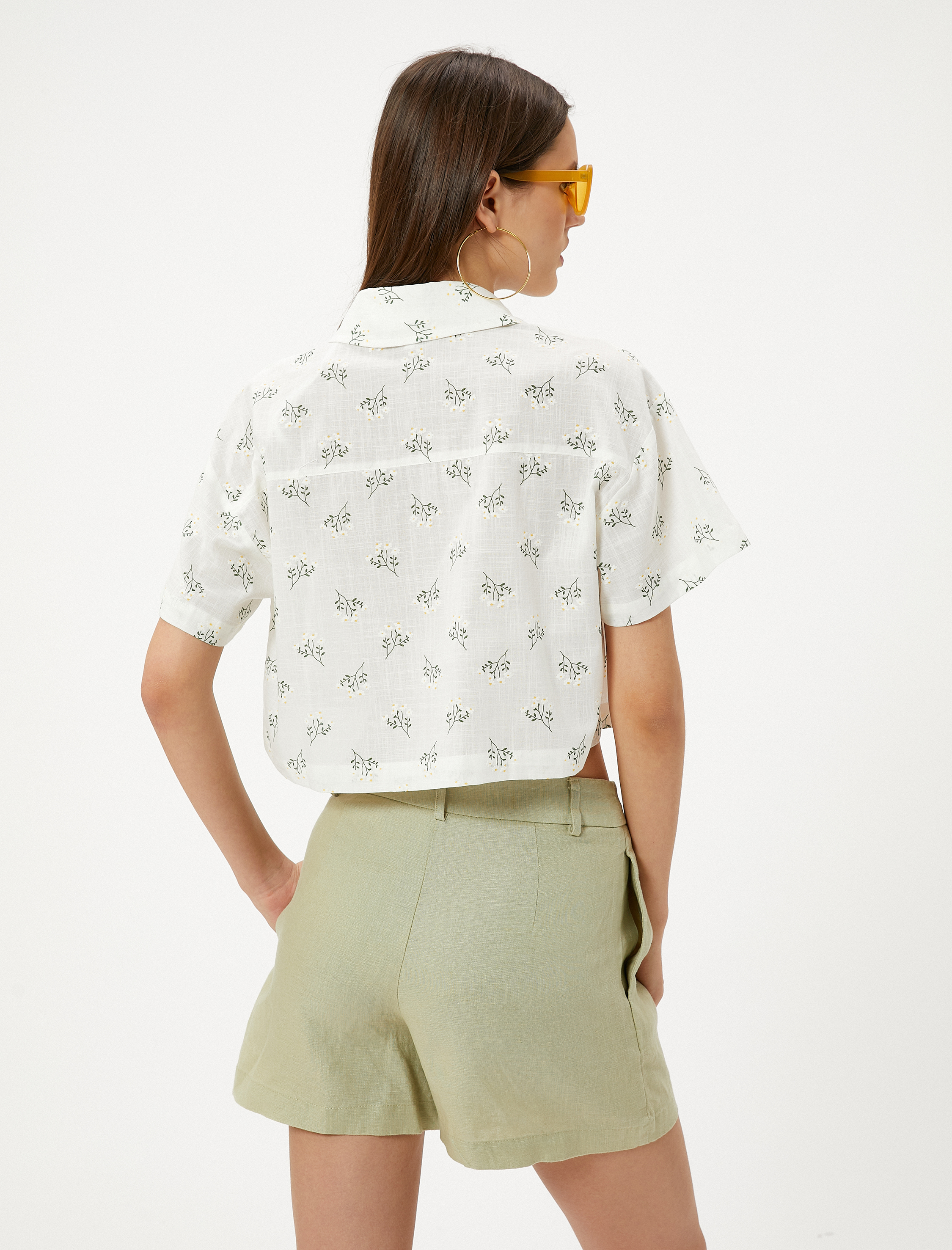 Crop Gömlek Kısa Kollu Pamuklu Floral Desenli