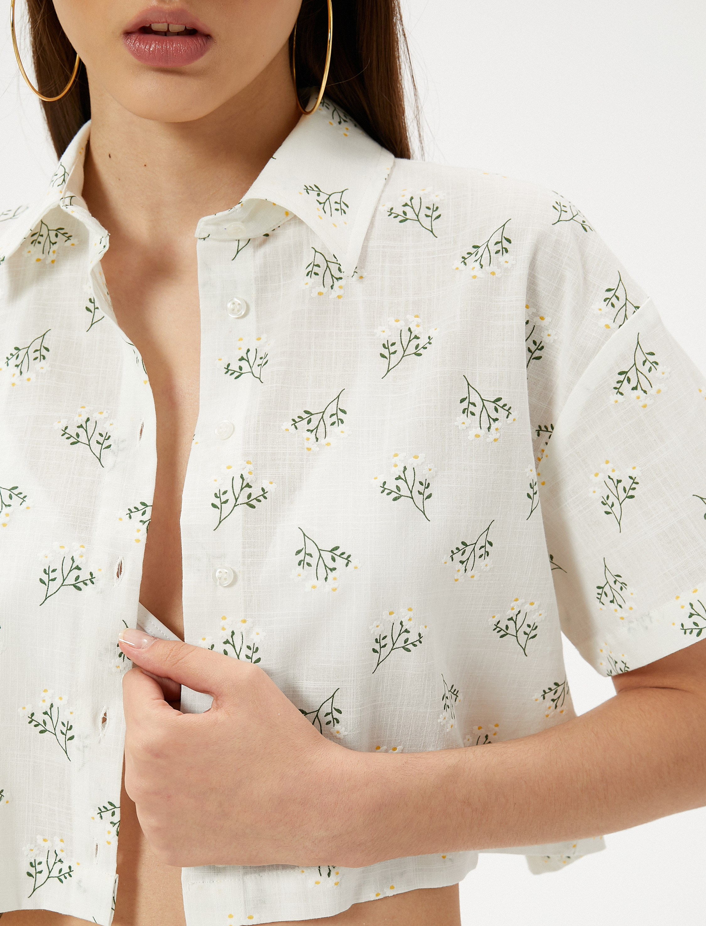 Crop Gömlek Kısa Kollu Pamuklu Floral Desenli