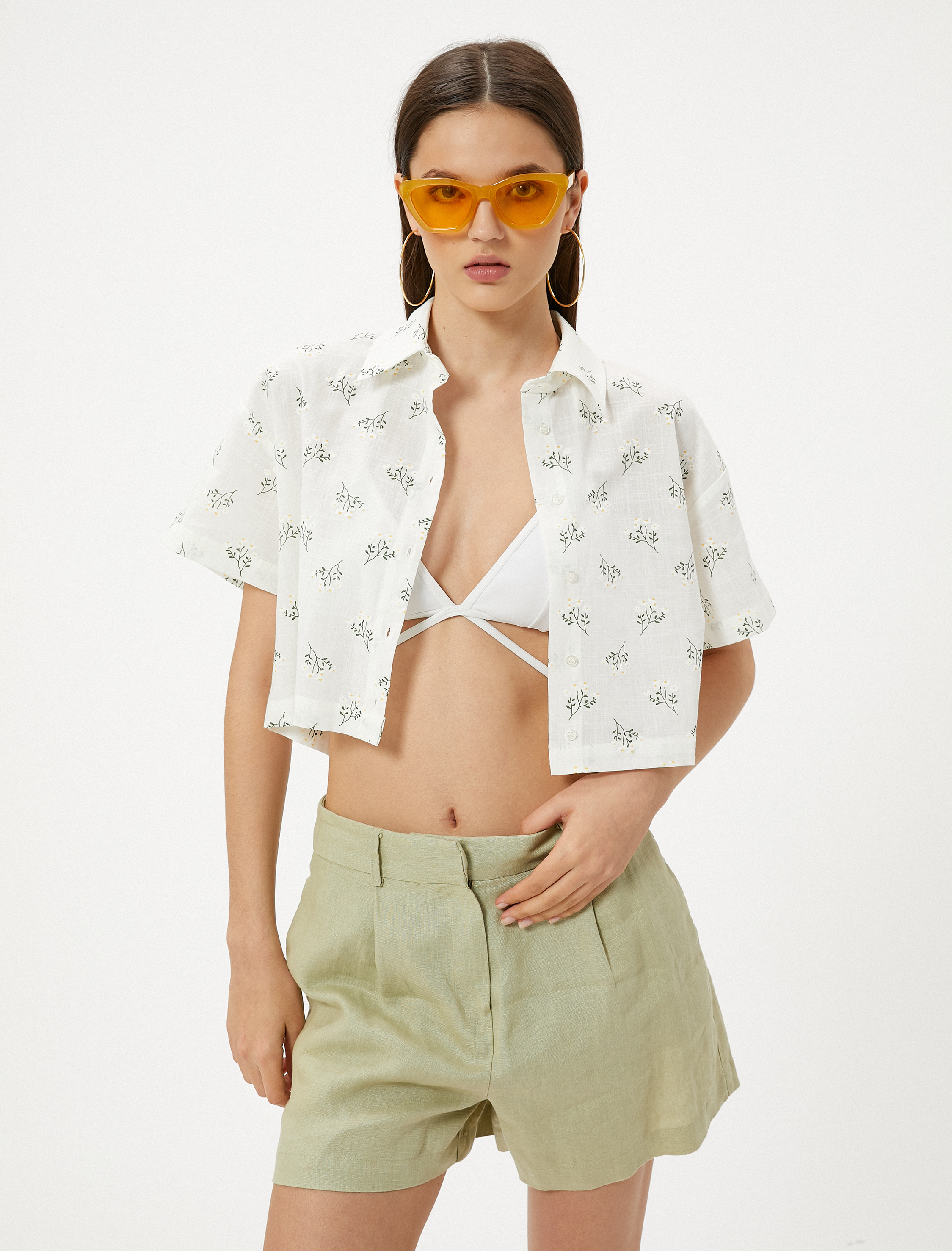 Crop Gömlek Kısa Kollu Pamuklu Floral Desenli