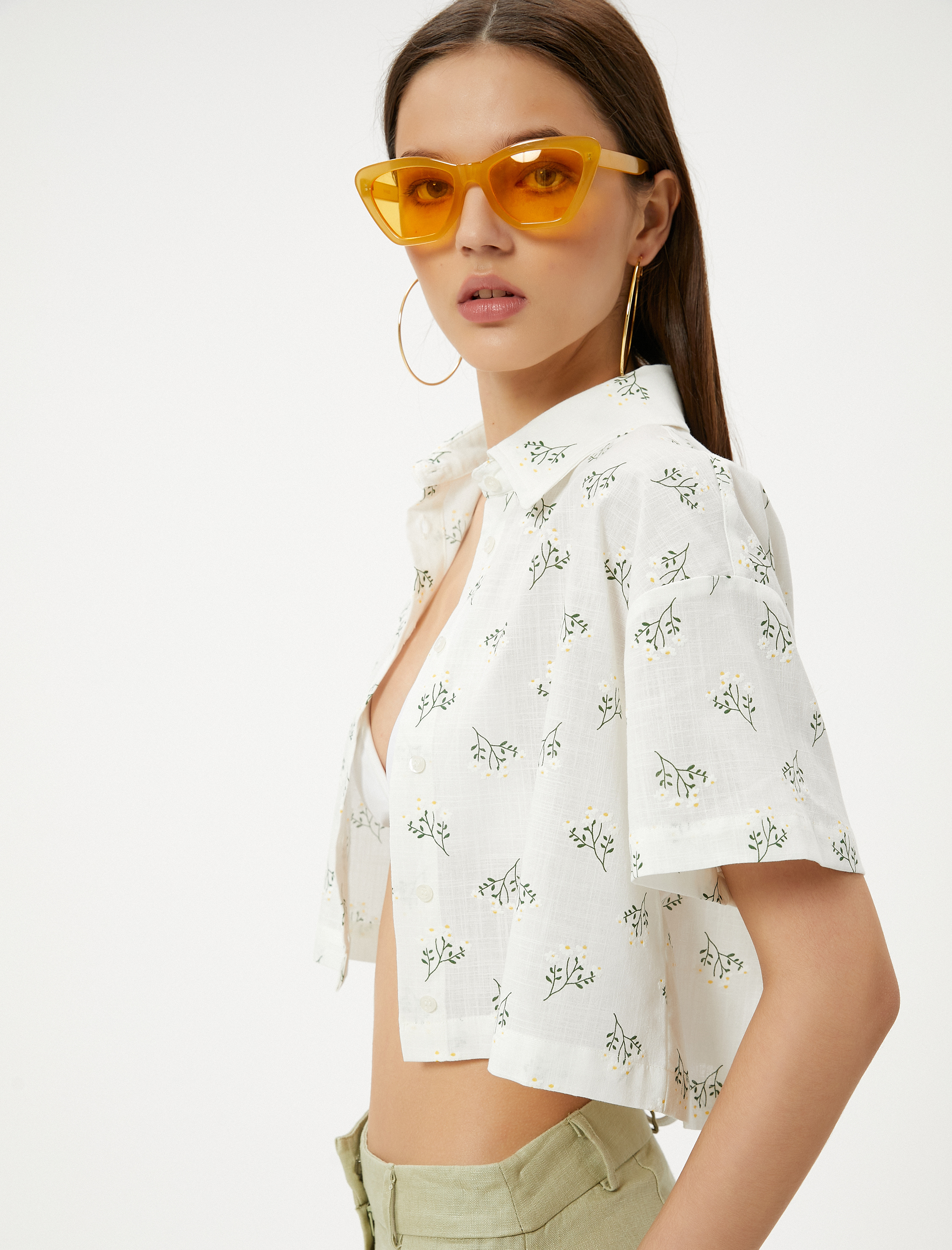 Crop Gömlek Kısa Kollu Pamuklu Floral Desenli