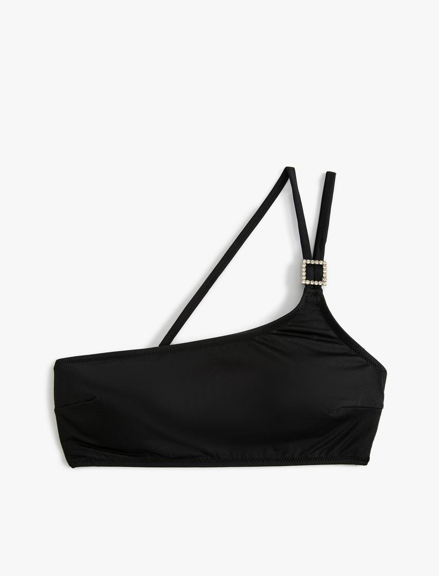   Tek Omuz Bikini Üstü Taşlı Metal Toka Detaylı Mat Kumaş Dokulu