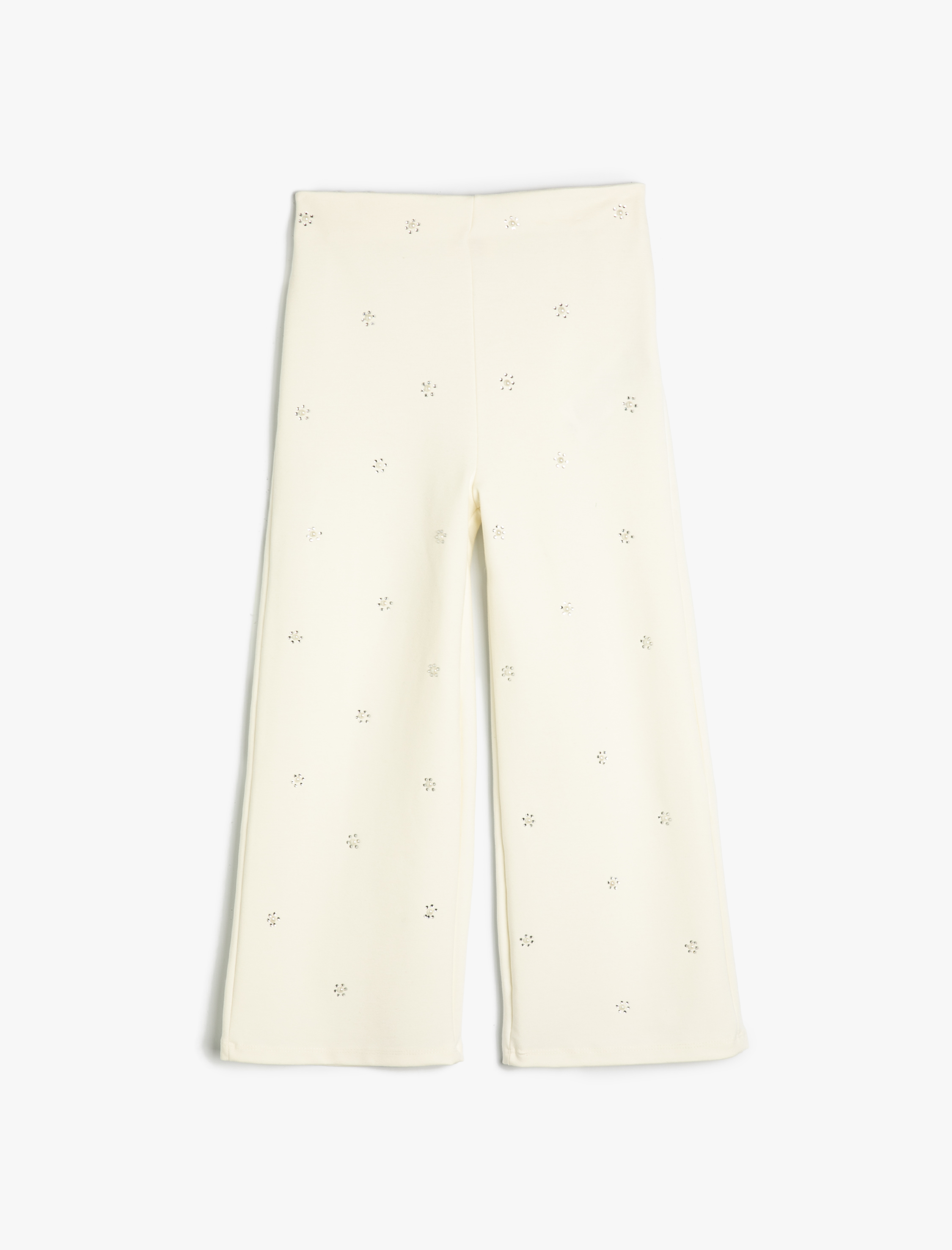  Kız Çocuk Pantolon İnci Detaylı Çiçek Desenli Beli Lastikli