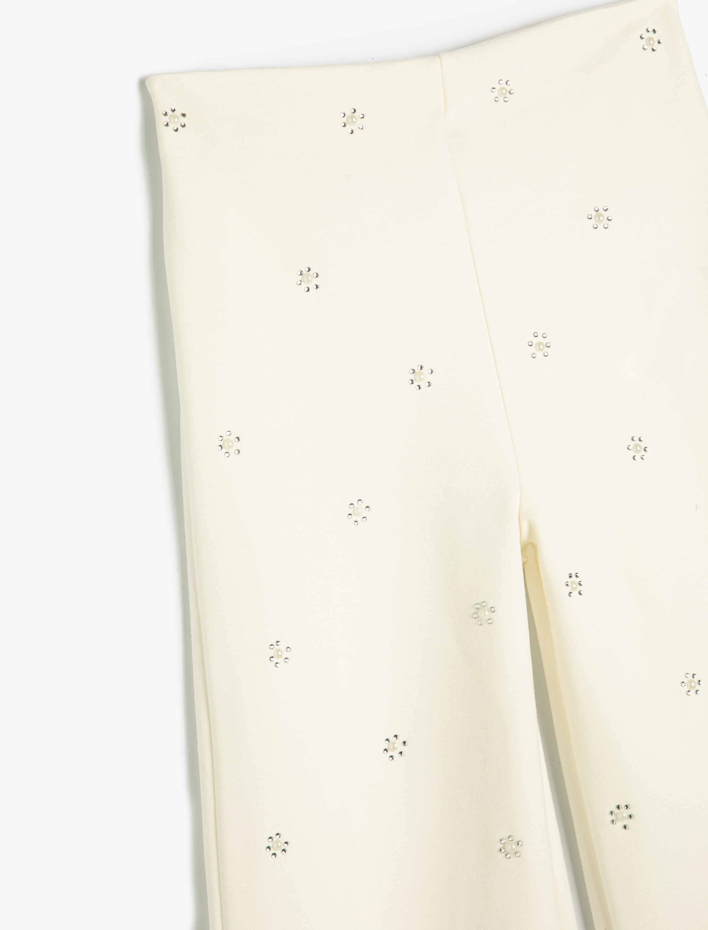  Kız Çocuk Pantolon İnci Detaylı Çiçek Desenli Beli Lastikli