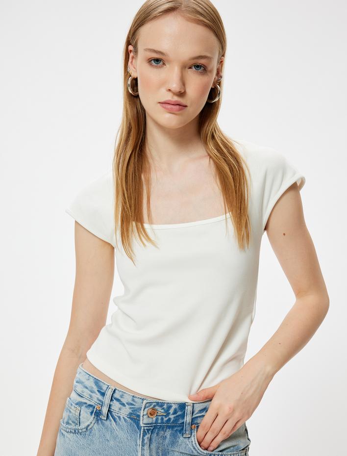  Basic Tişört Kısa Kollu Kare Yaka Slim Fit Viskon Karışımlı