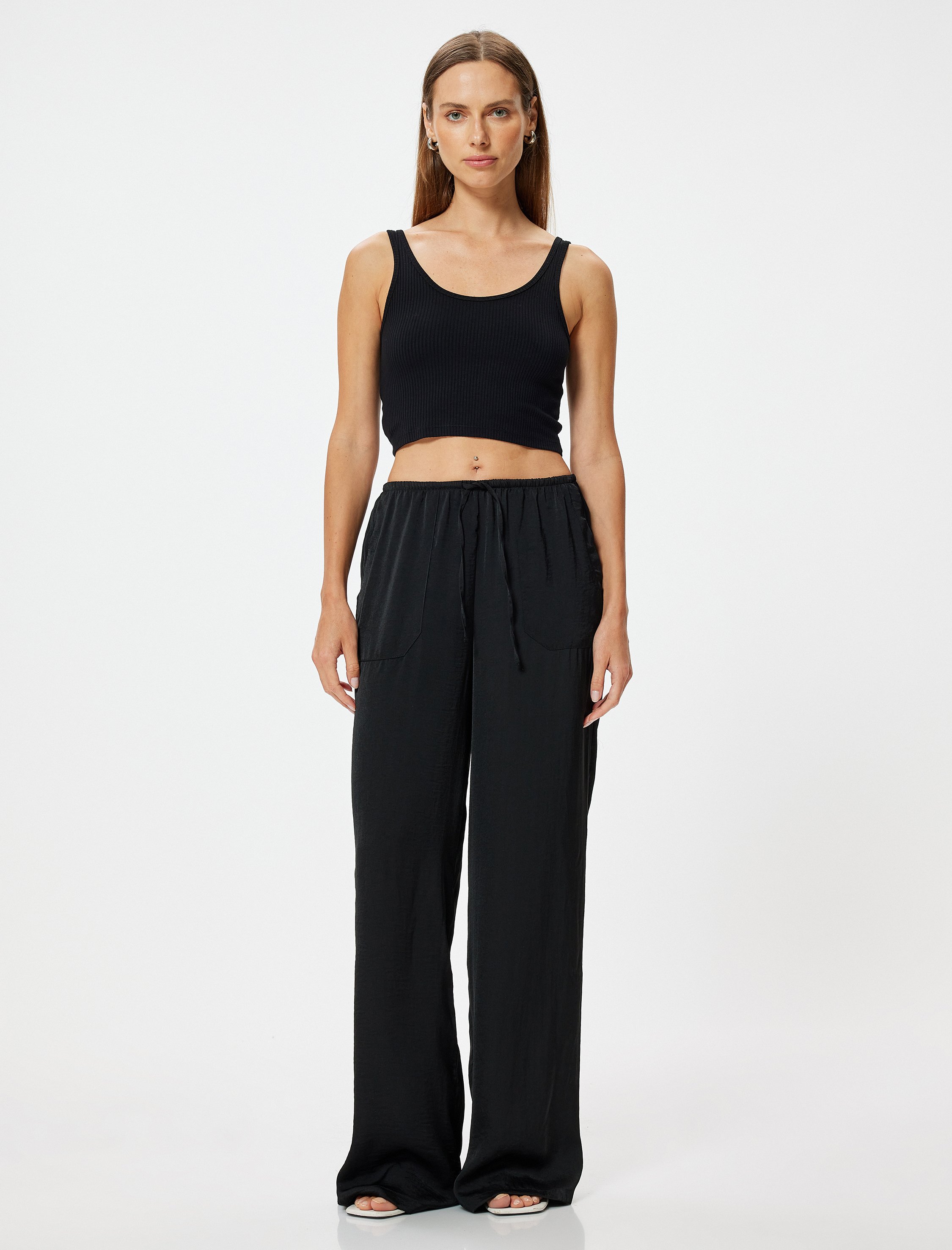   Aerobin Saten Pantolon Bol Paça Cepli Beli Bağlamalı Astarsız