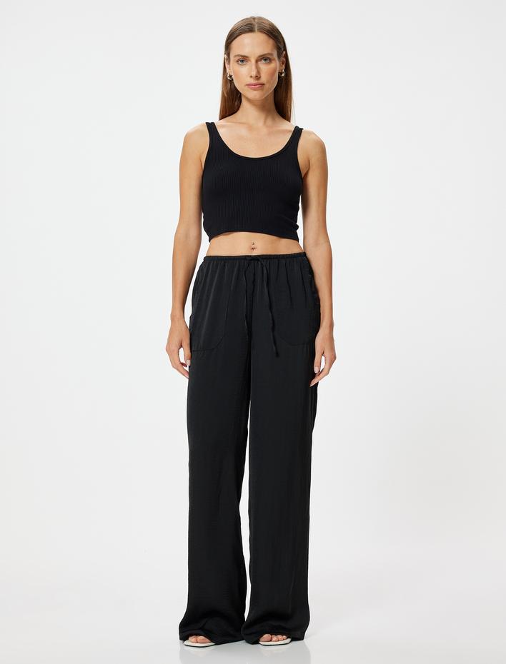  Aerobin Saten Pantolon Bol Paça Cepli Beli Bağlamalı Astarsız