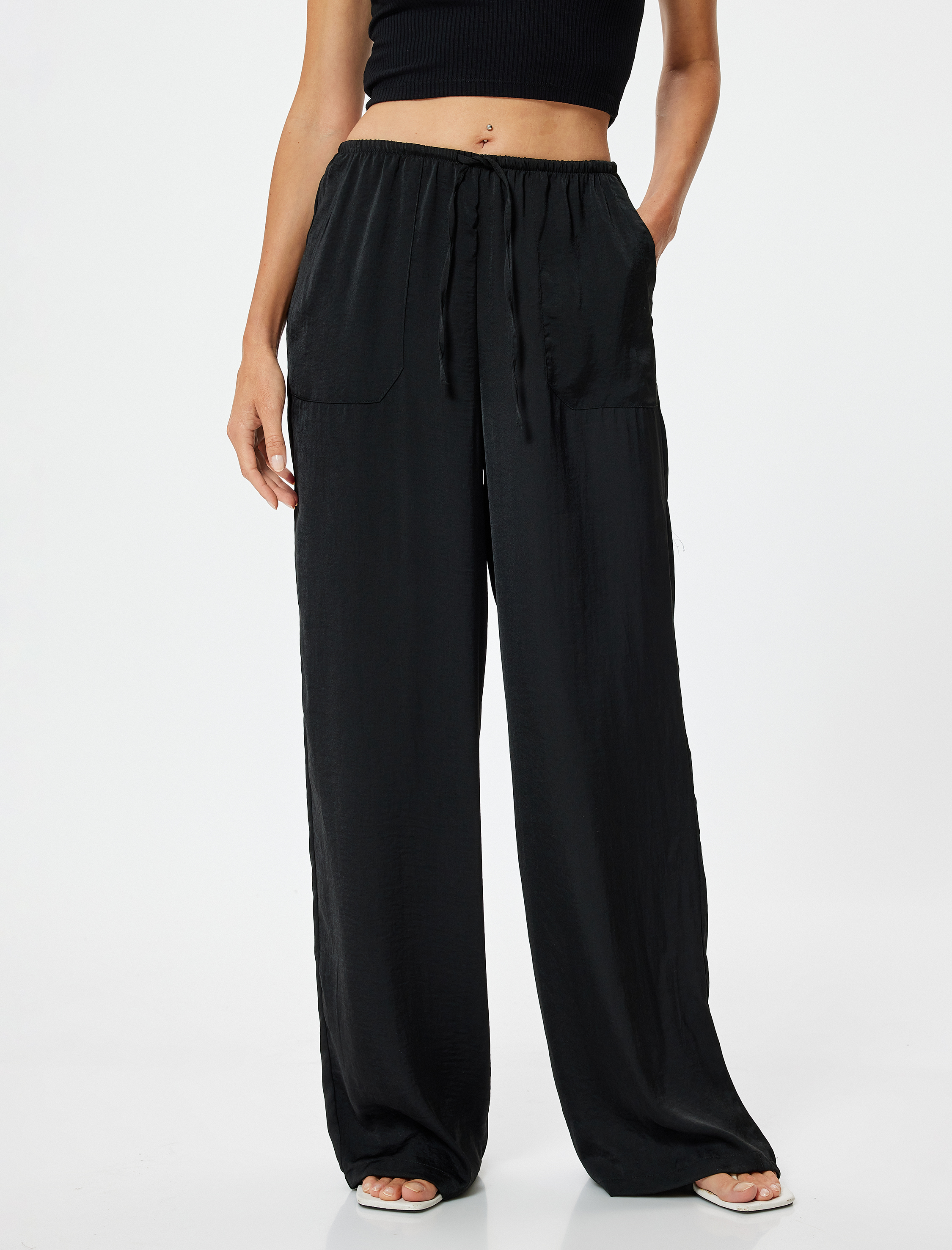   Aerobin Saten Pantolon Bol Paça Cepli Beli Bağlamalı Astarsız