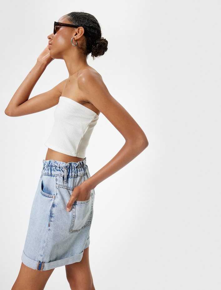  Mini Kot Şort Yüksek Bel Katlı Paça Beli Lastikli Rahat Kesim