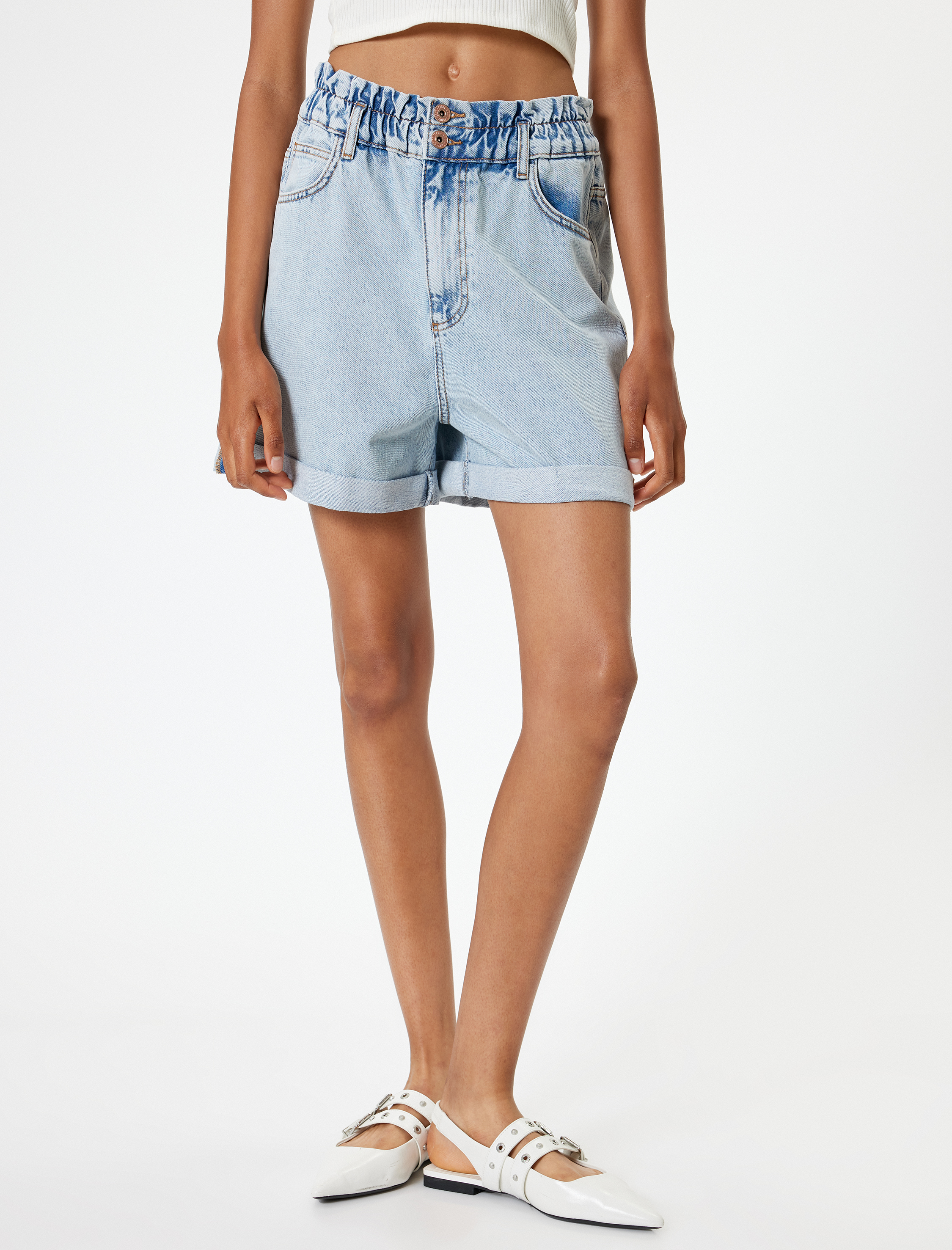   Mini Kot Şort Yüksek Bel Katlı Paça Beli Lastikli Rahat Kesim